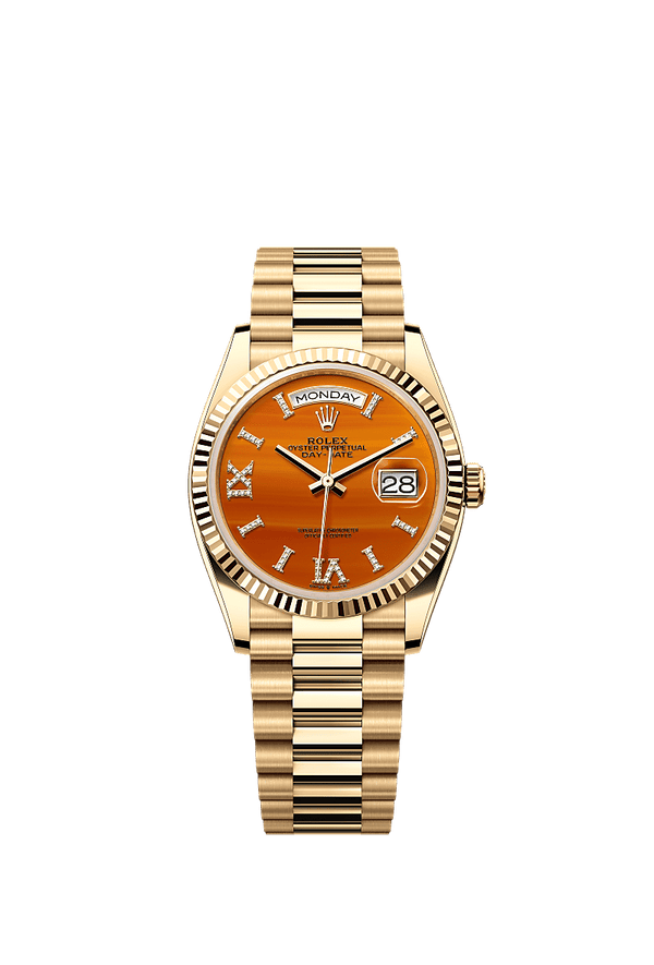 Rolex Day-Date 36 - Geelgoud - Oranje wijzerplaat (128238)