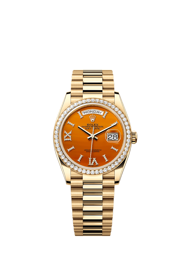Rolex Day-Date 36 - Geelgoud - Oranje wijzerplaat (128348RBR)