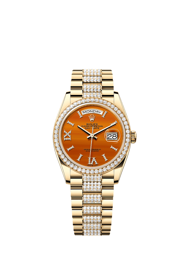 Rolex Day-Date 36 - Geelgoud - Oranje wijzerplaat (128348RBR)