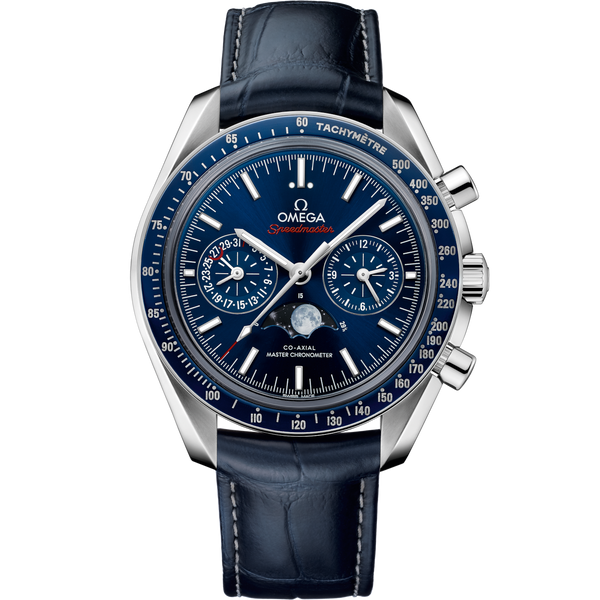 Omega 304.33.44.52.03.001 Speedmaster Moonphase Chronograph Master Chronometer Stainless Steel / Blue / Alligator