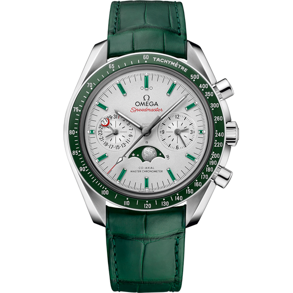 Omega 304.93.44.52.99.003 Speedmaster Moonphase Chronograph Master Chronometer Platinum / Silver / Emerald