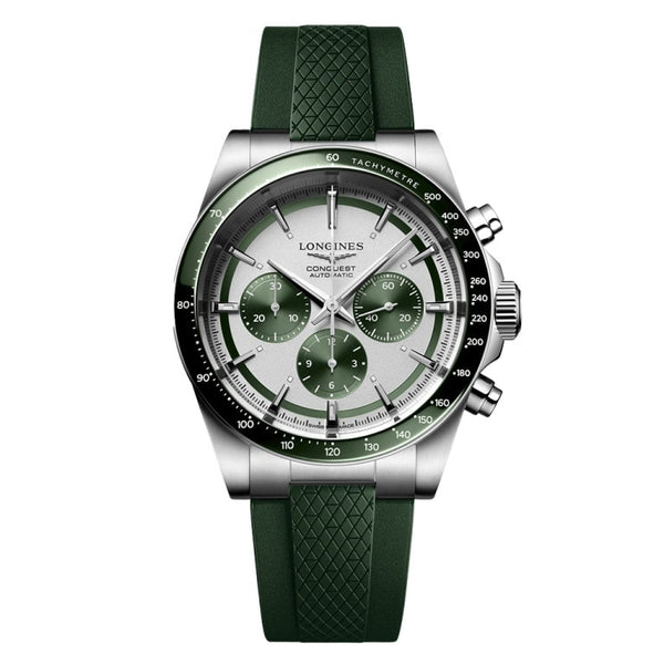 Longines L3.835.4.02.9 Conquest Chronograph 42 Stainless Steel / Silver - Green / Rubber