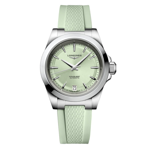 Longines L3.430.4.02.9 Conquest 34 Stainless Steel / Mint Green / Rubber