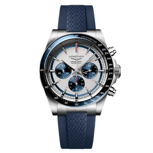 Longines L3.835.4.98.9 Conquest Chronograph 42 Stainless Steel / Silver - Blue / Rubber