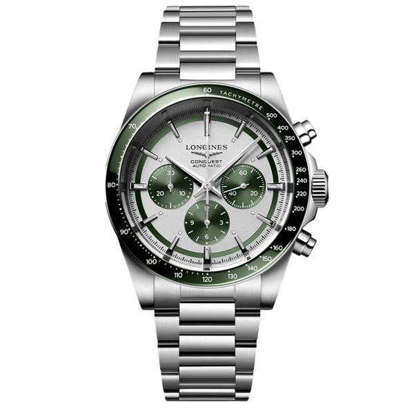 Longines L3.835.4.02.6 Conquest Chronograph 42 Stainless Steel / Silver - Green / Bracelet